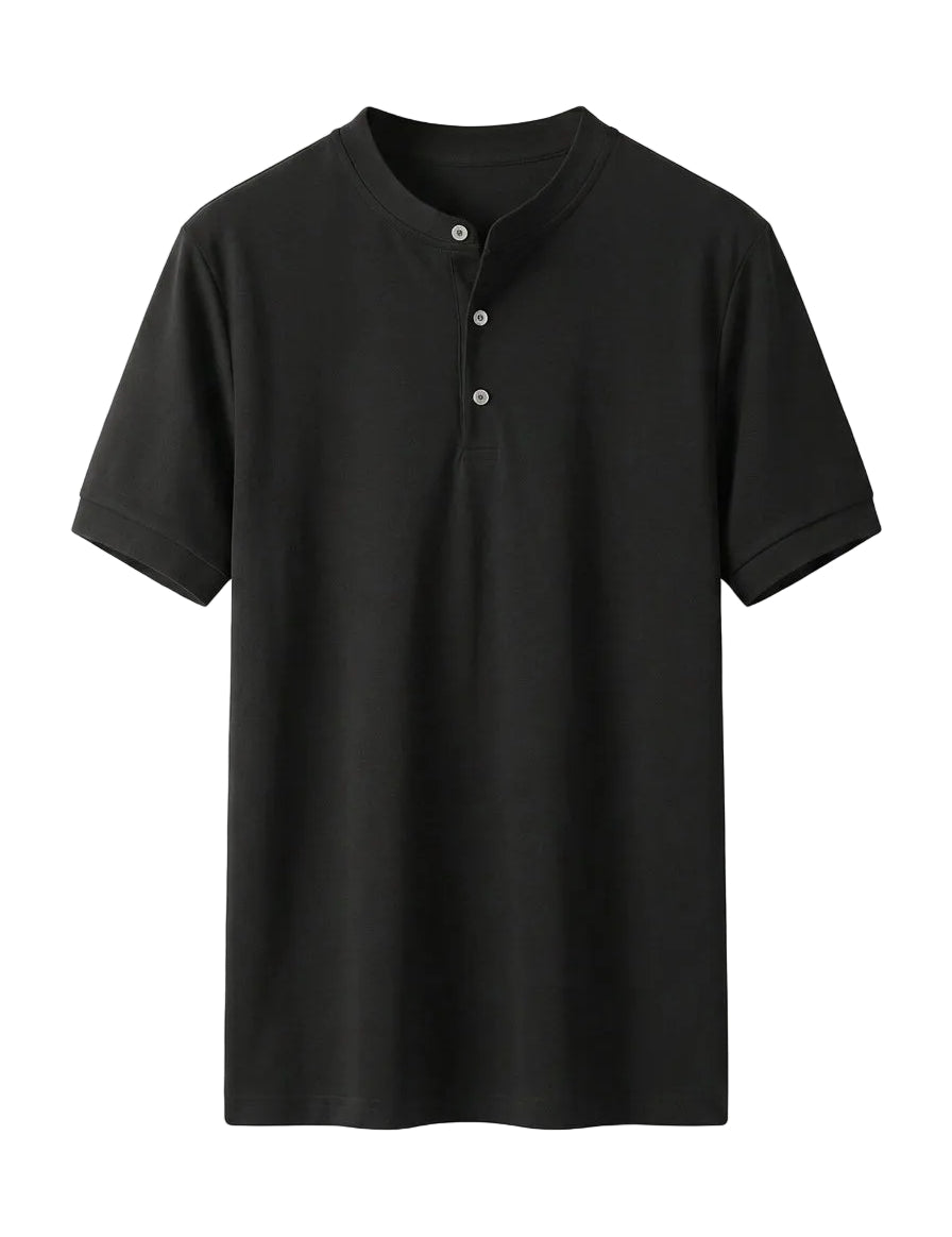 Black short-sleeve henley shirt on a white background