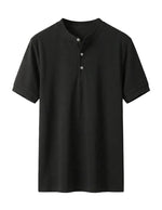 Black short-sleeve henley shirt on a white background