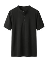 Black short-sleeve henley shirt on a white background