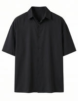 Black short-sleeve button-up shirt on a white background