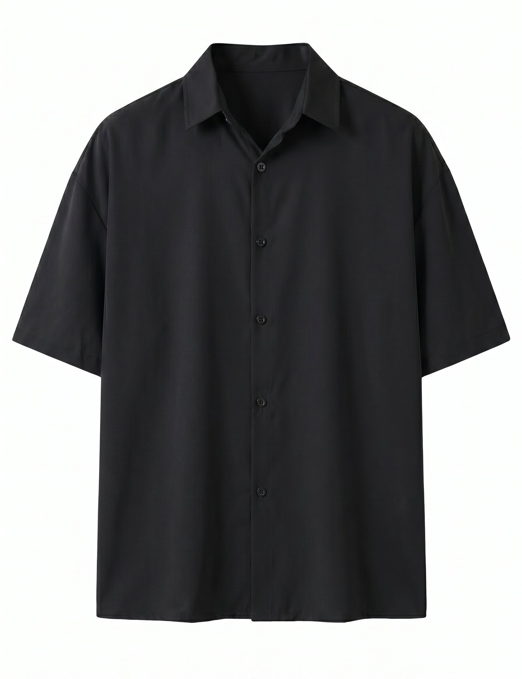 Black short-sleeve button-up shirt on a white background