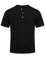Black short-sleeve henley shirt on a white background