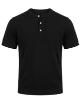 Black short-sleeve henley shirt on a white background