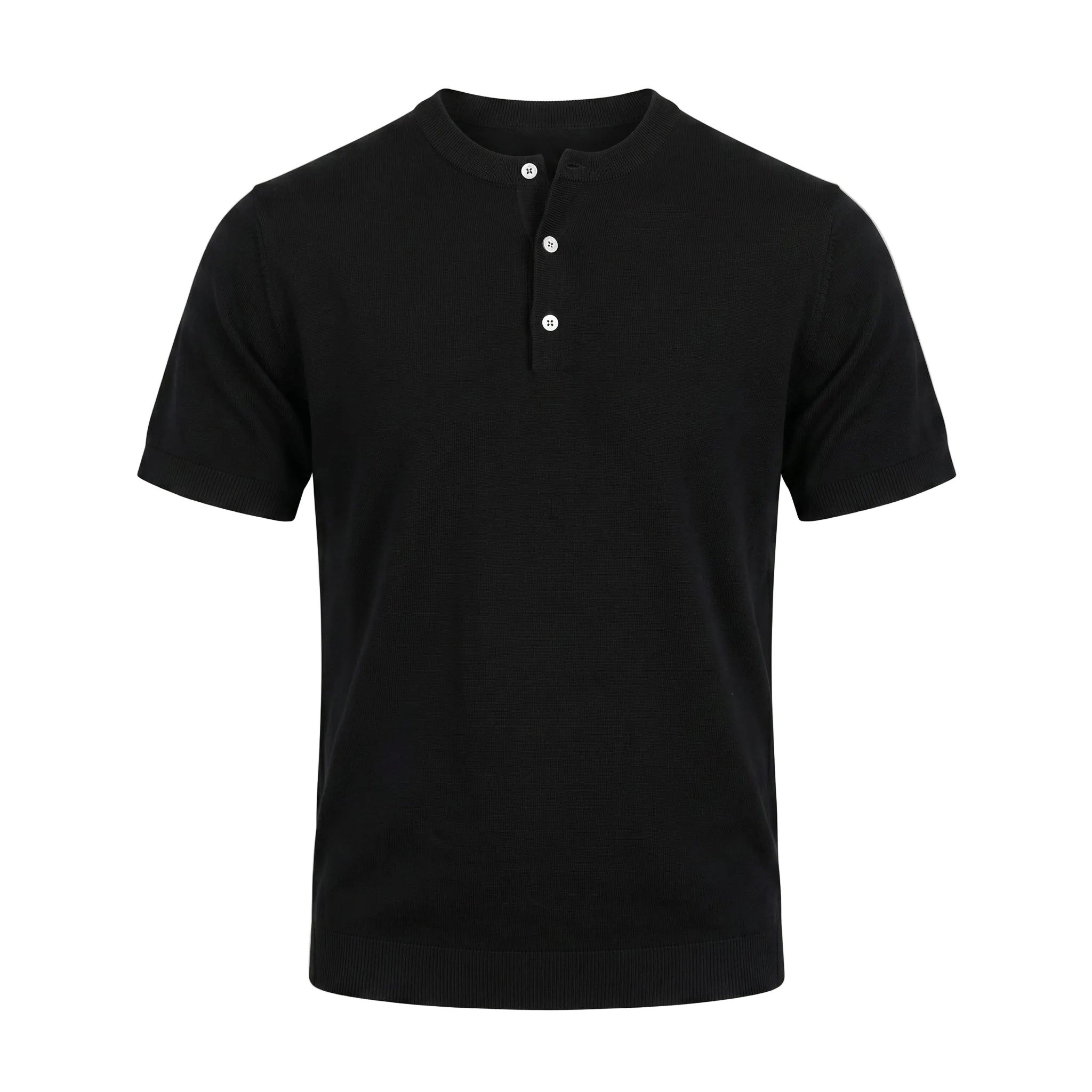 Black short-sleeve henley shirt on a white background