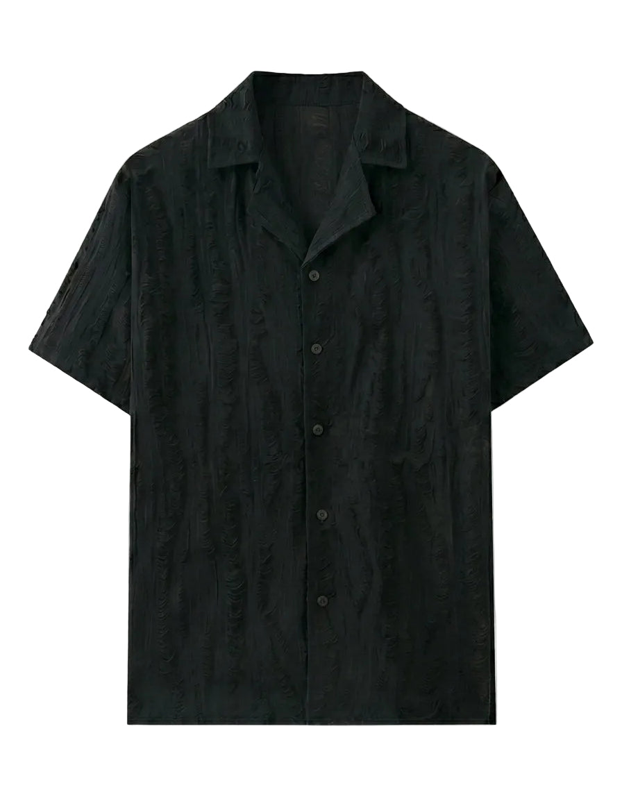 Black short-sleeve shirt on a light gray background