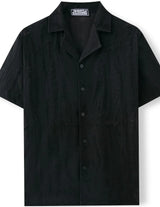 Black short-sleeve shirt with collar on a white background