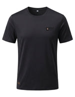 Black t-shirt with a logo on a light gray background