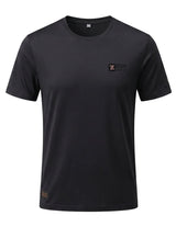 Black t-shirt with a logo on a light gray background