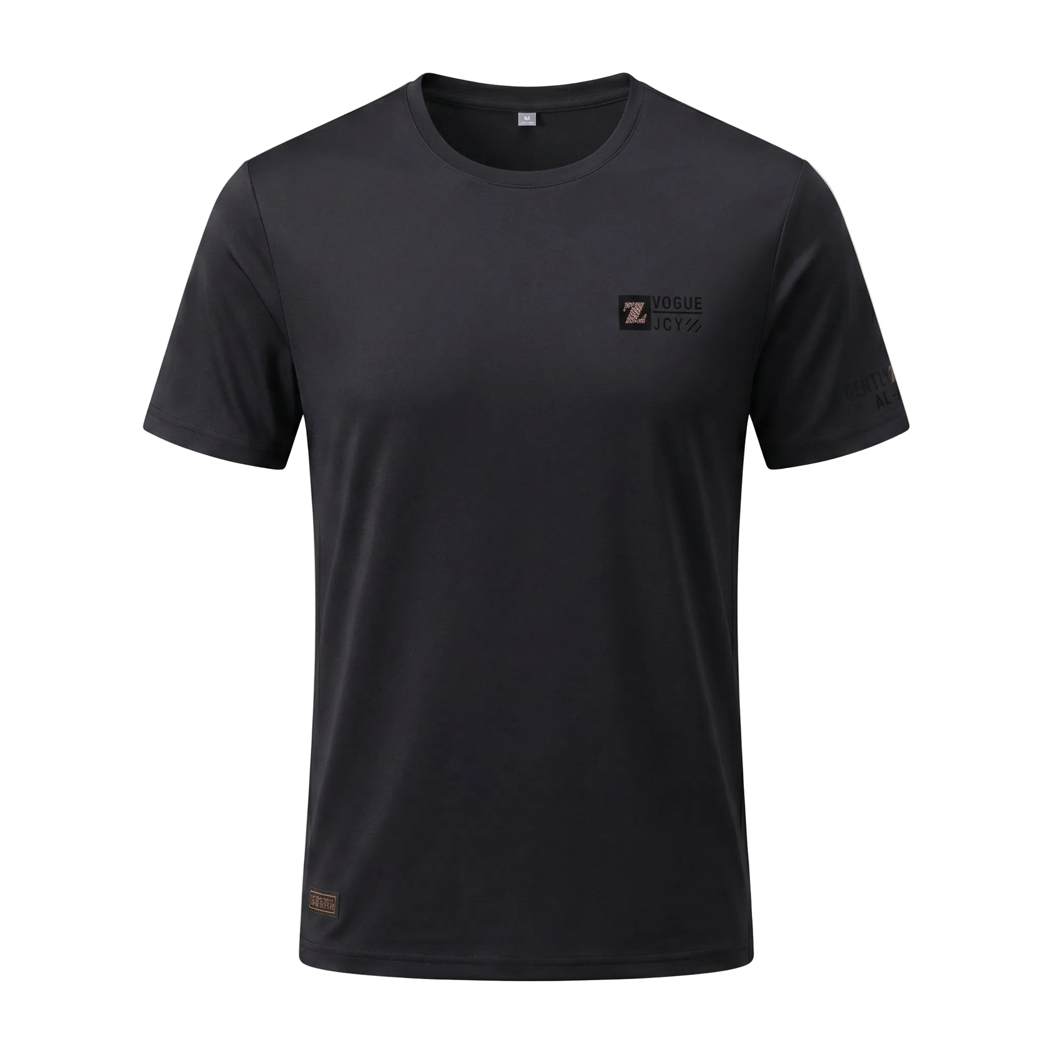 Black t-shirt with a logo on a light gray background