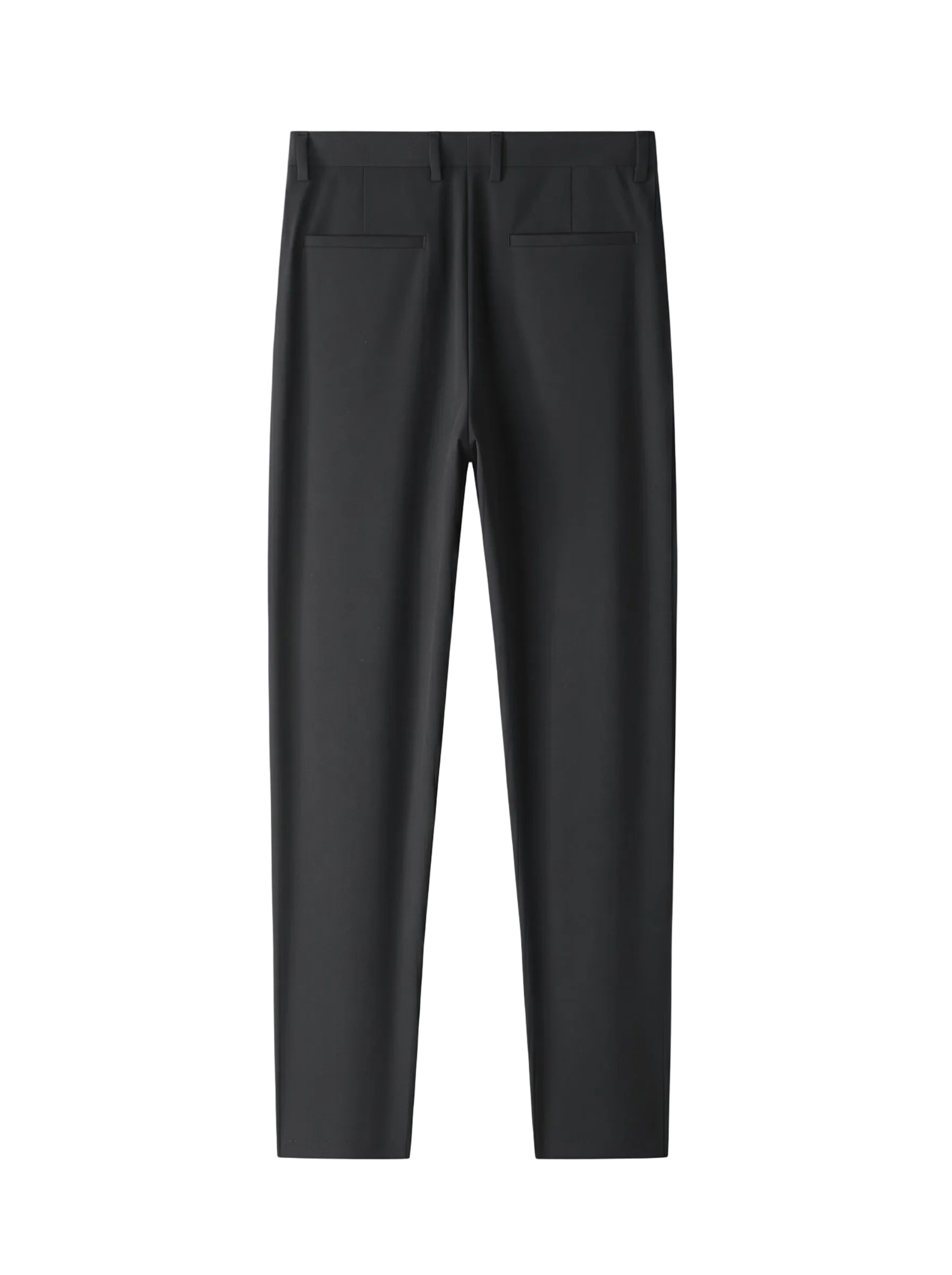 Black tailored casual pants with straight legs on a white background.