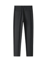 Black tailored casual pants with straight legs on a white background.