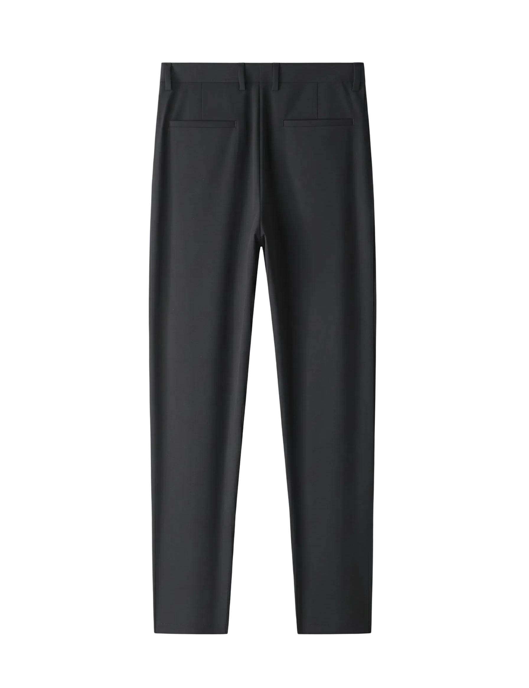 Black tailored casual pants with straight legs on a white background.