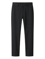 Black tailored dress pants with straight legs on a white background.