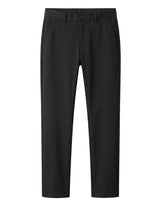 Black tailored dress pants with straight legs on a white background.