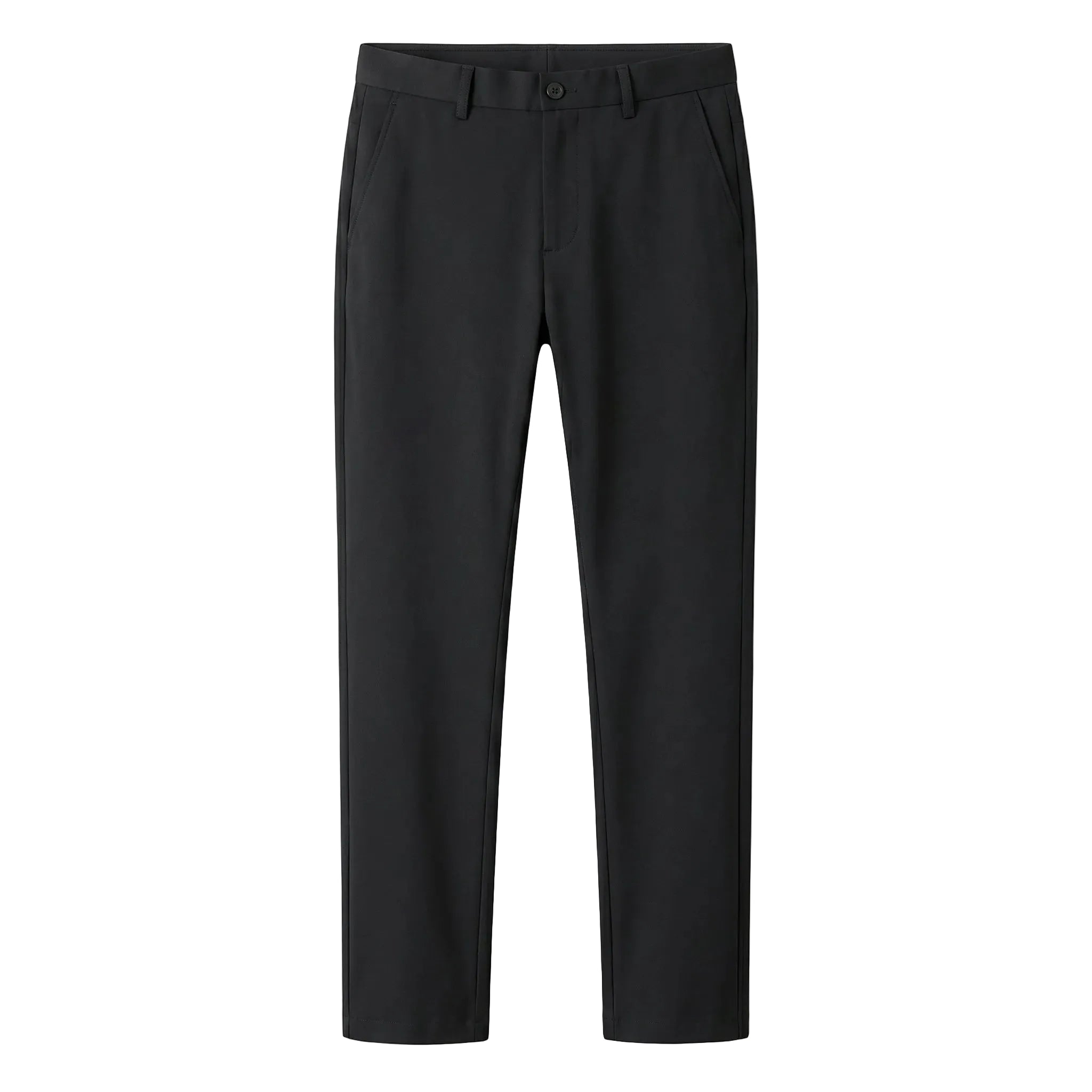 Black tailored dress pants with straight legs on a white background.