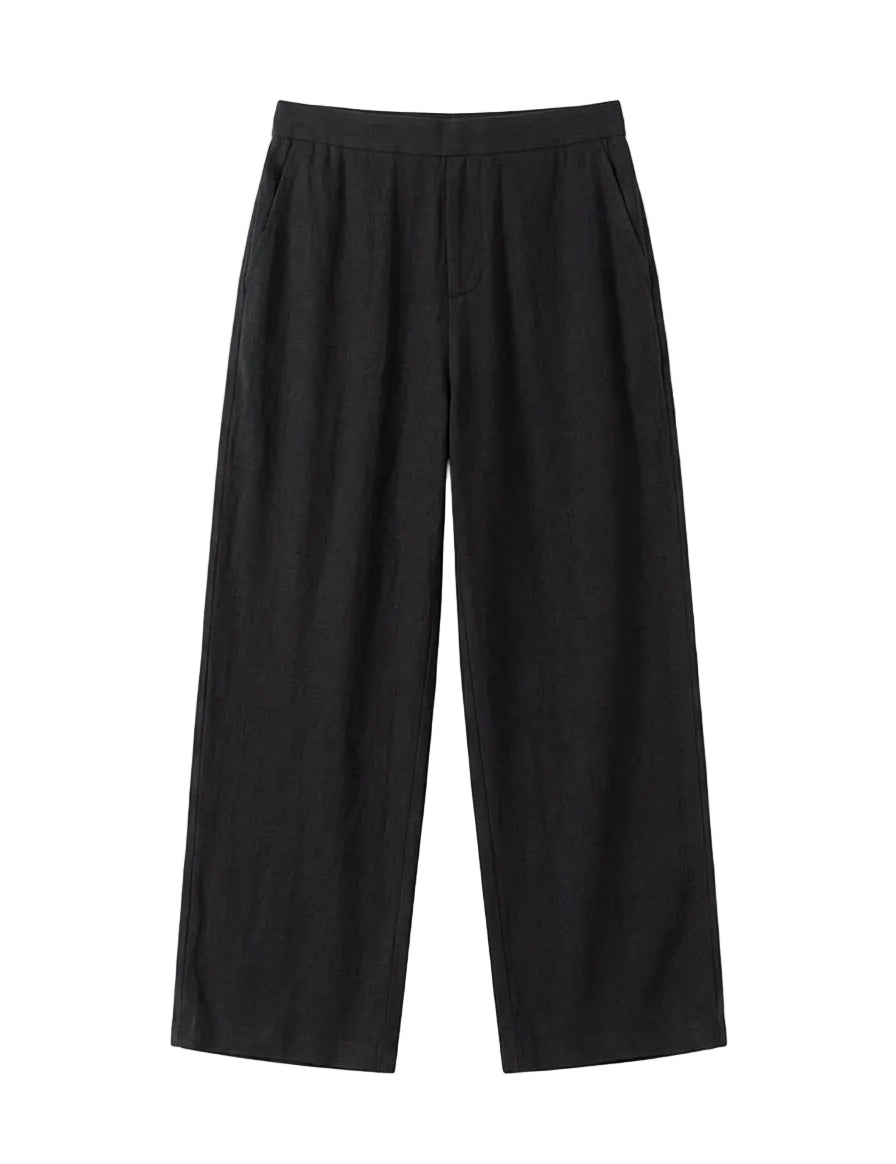 Black textured relaxed-fit pants with straight legs on a white background.