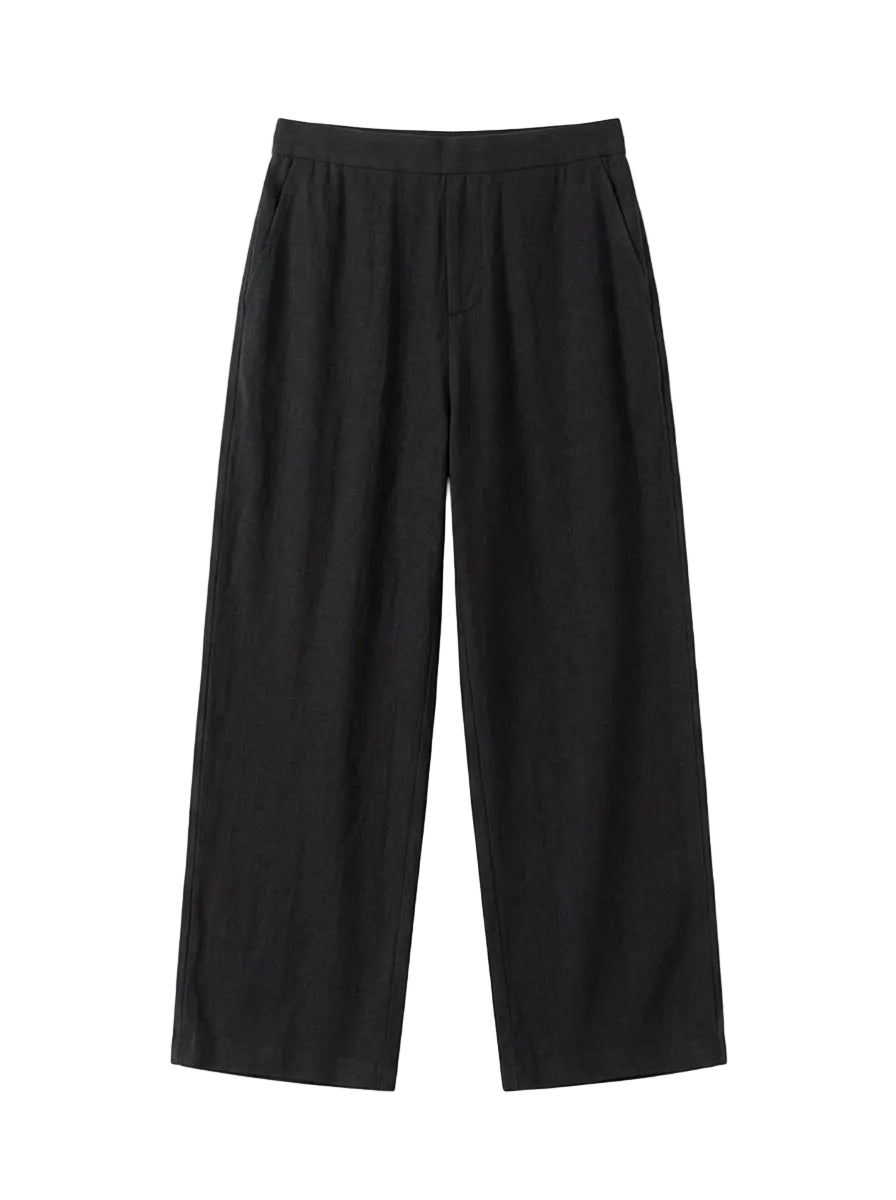 Black textured relaxed-fit pants with straight legs on a white background.