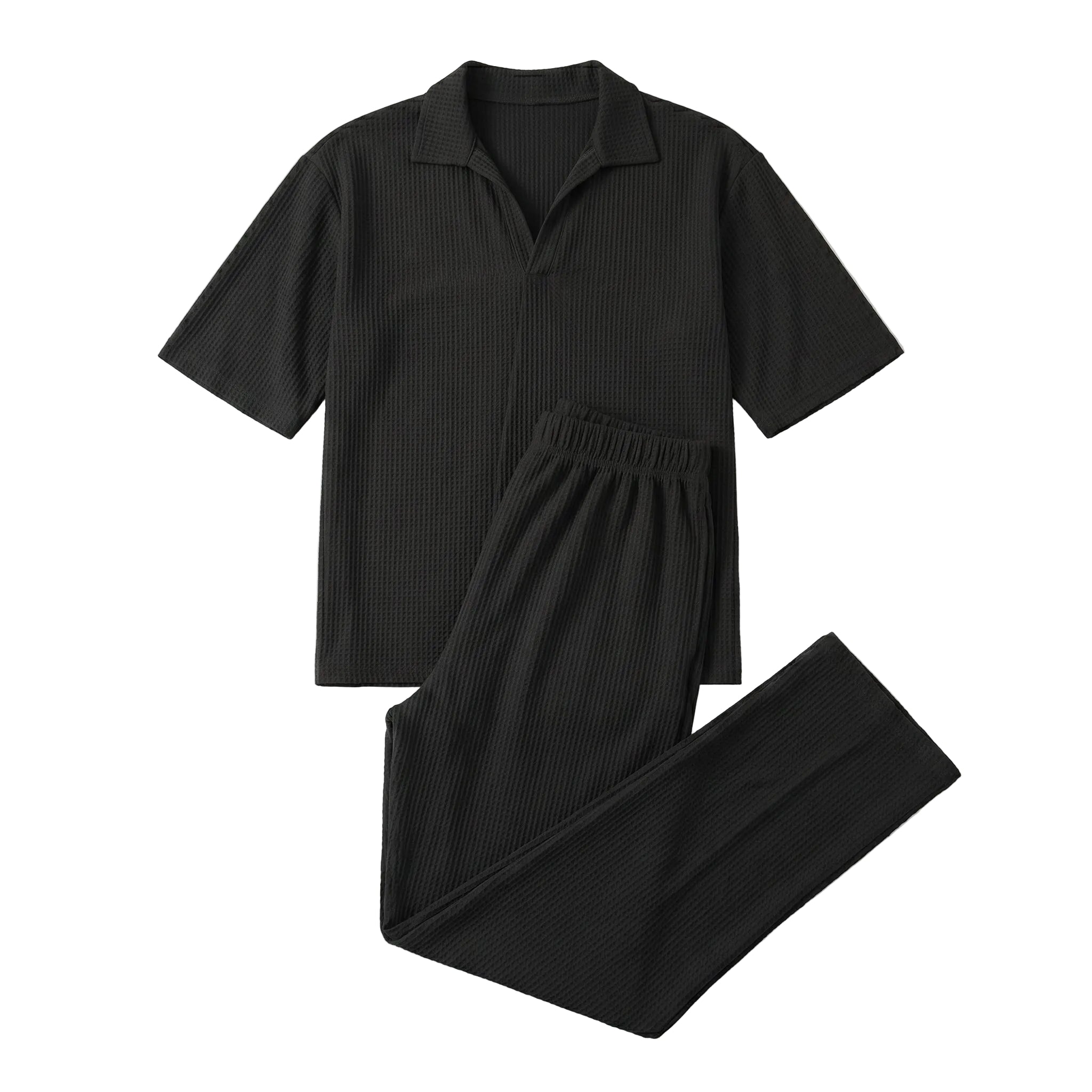Black textured short-sleeve shirt with matching straight-leg pants on a white background.