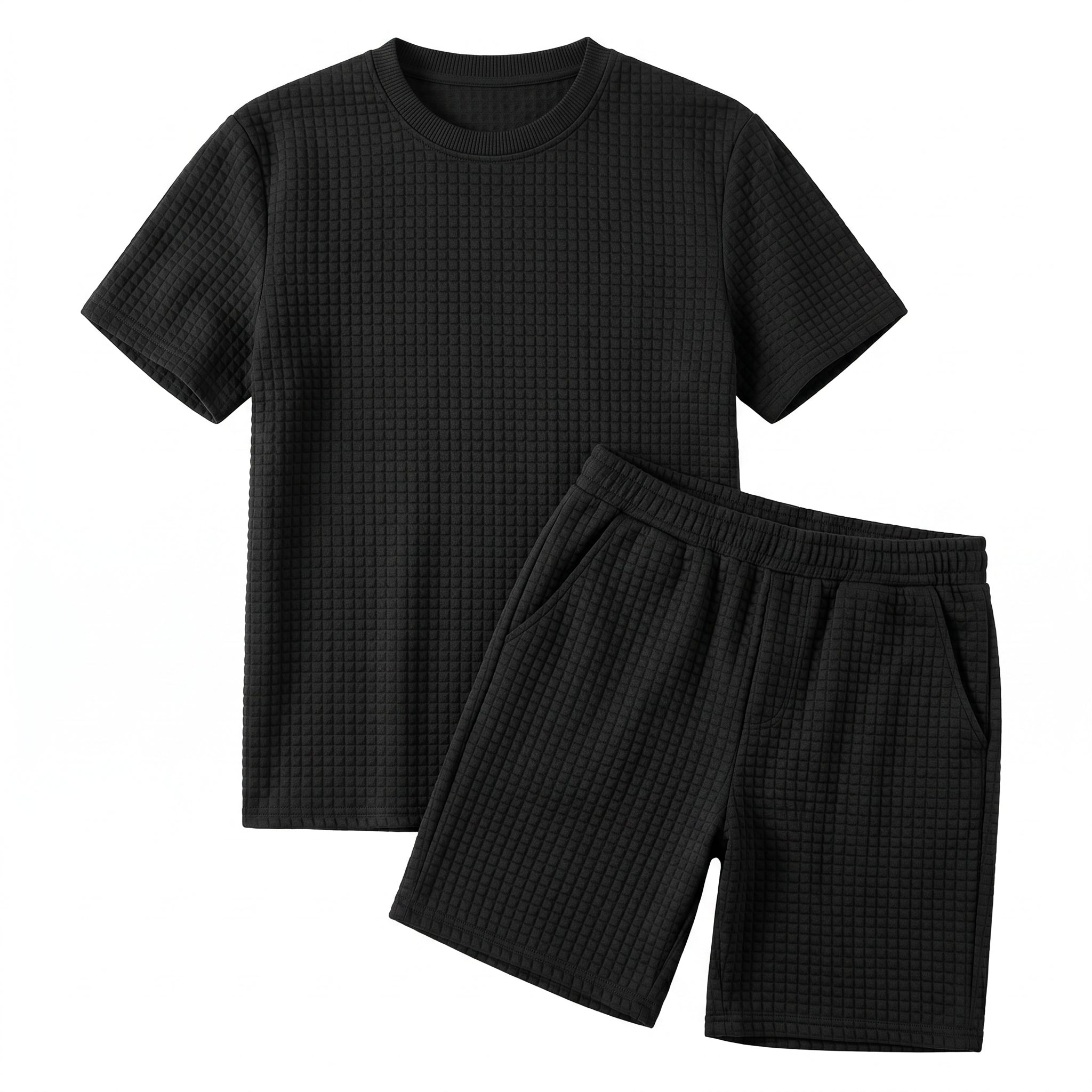 Black waffle-textured t-shirt and shorts set on a white background