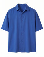 Blue short-sleeve button-up shirt on a white background