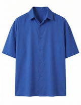 Blue short-sleeve button-up shirt on a white background