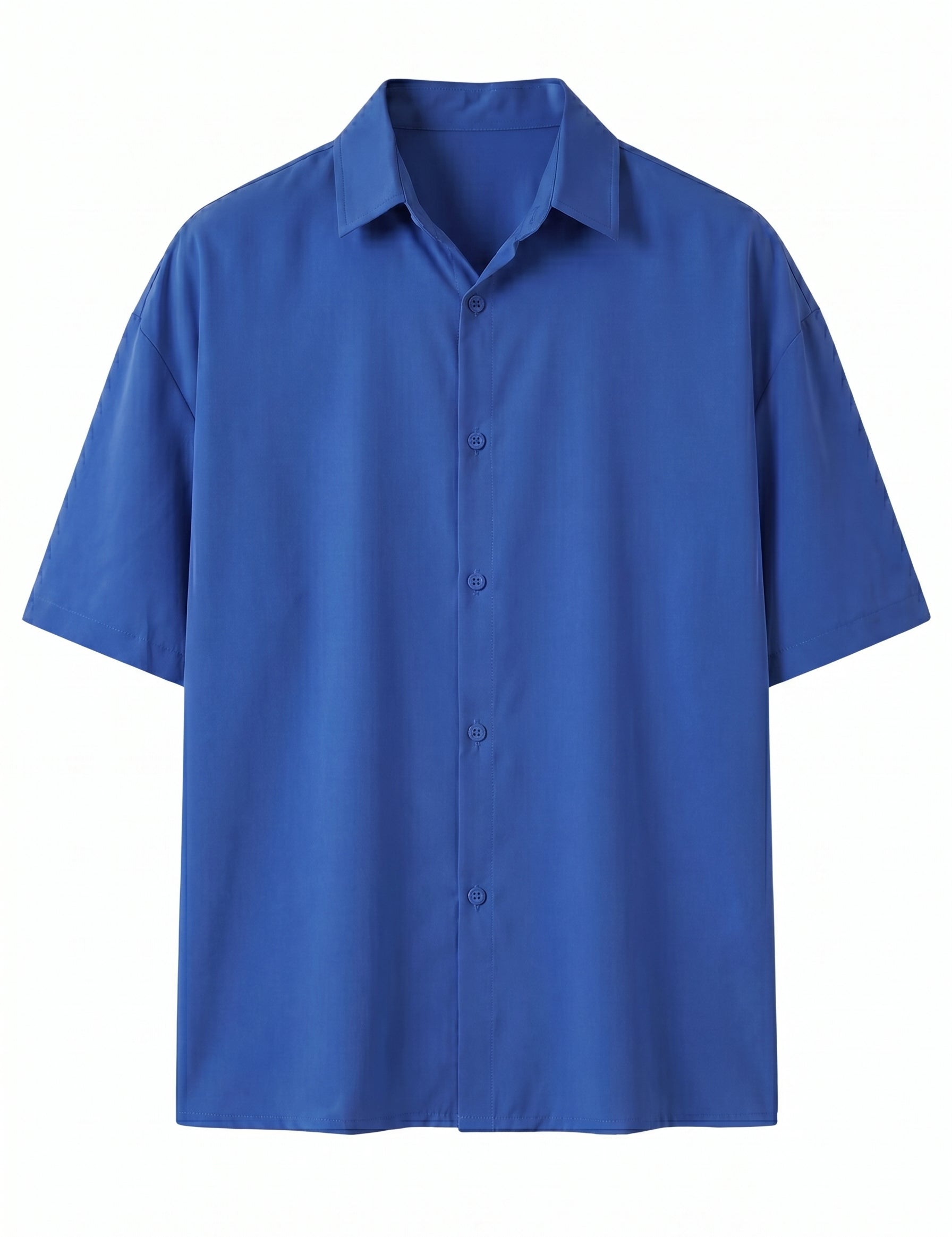 Blue short-sleeve button-up shirt on a white background