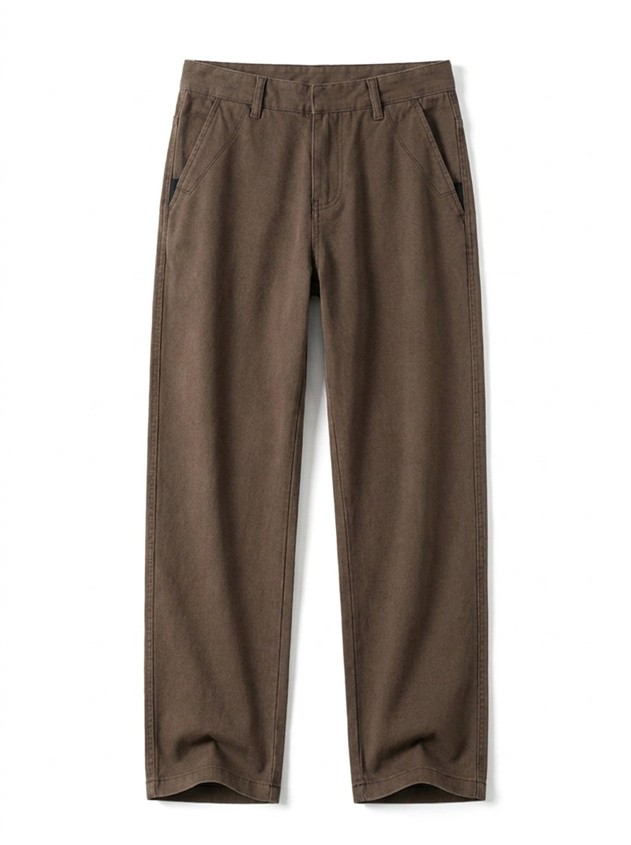 Brown relaxed-fit casual pants with straight legs on a white background.