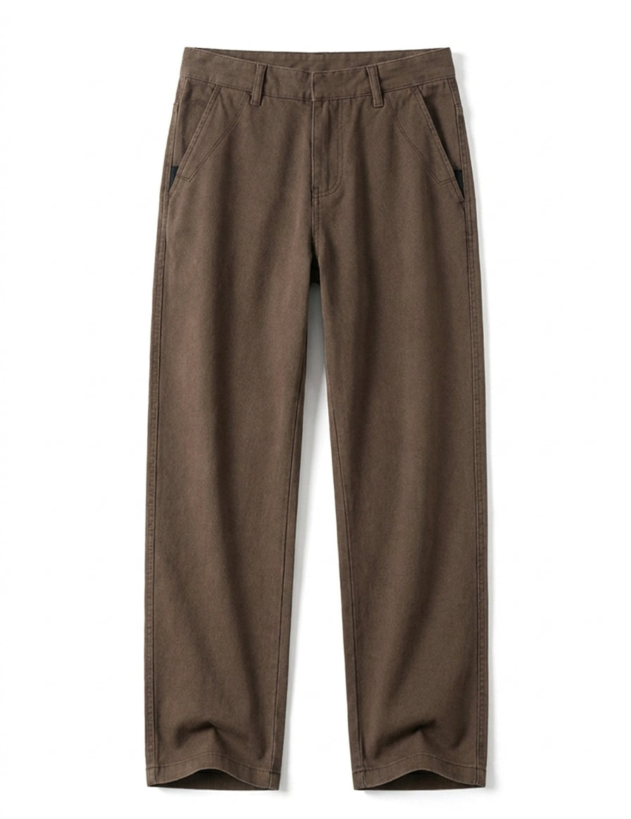 Brown relaxed-fit casual pants with straight legs on a white background.