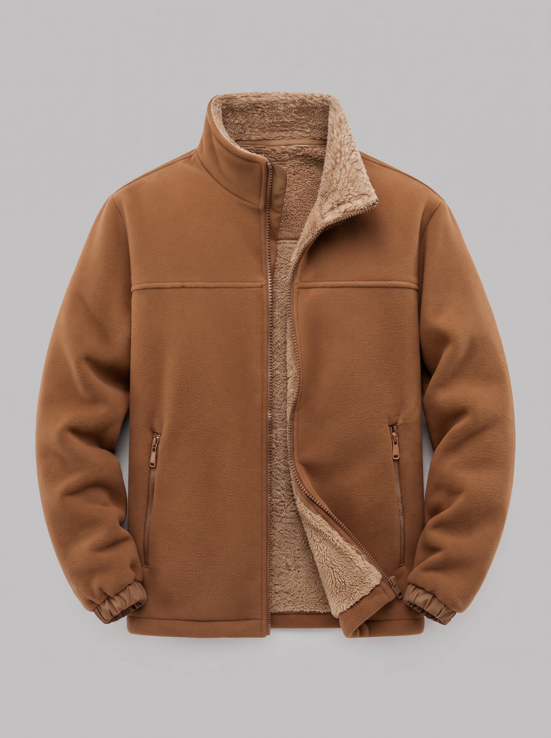 A brown fleece jacket with a tan sherpa lining, featuring a stand-up collar, front zipper, and zippered side pockets, shown against a solid gray background.