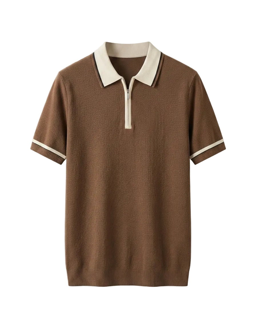 Brown knitted polo shirt with white collar and trim on a light gray background