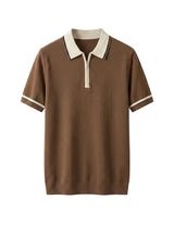 Brown knitted polo shirt with white collar and trim on a light gray background