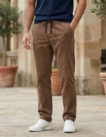 Brown men’s ribbed drawstring pants with elastic waistband and side pockets bottom
