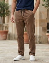 Brown men’s ribbed drawstring pants with elastic waistband and side pockets bottom