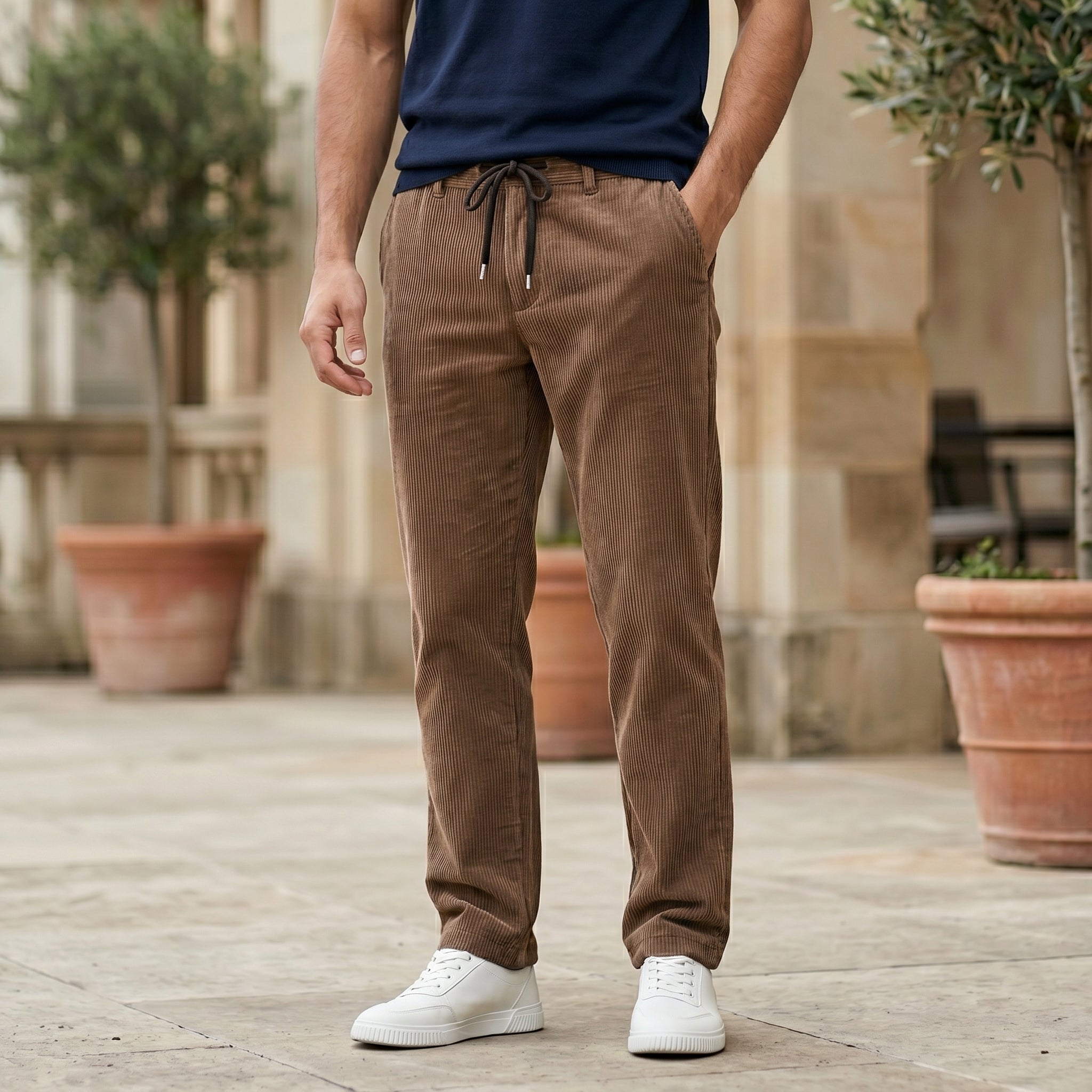 Brown men’s ribbed drawstring pants with elastic waistband and side pockets bottom