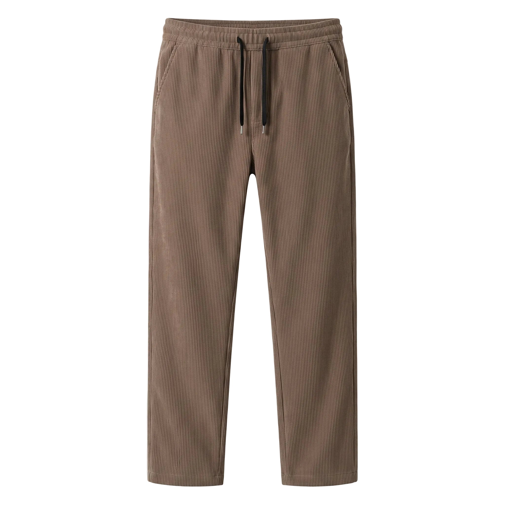 Brown men’s ribbed drawstring pants with elastic waistband and side pockets product
