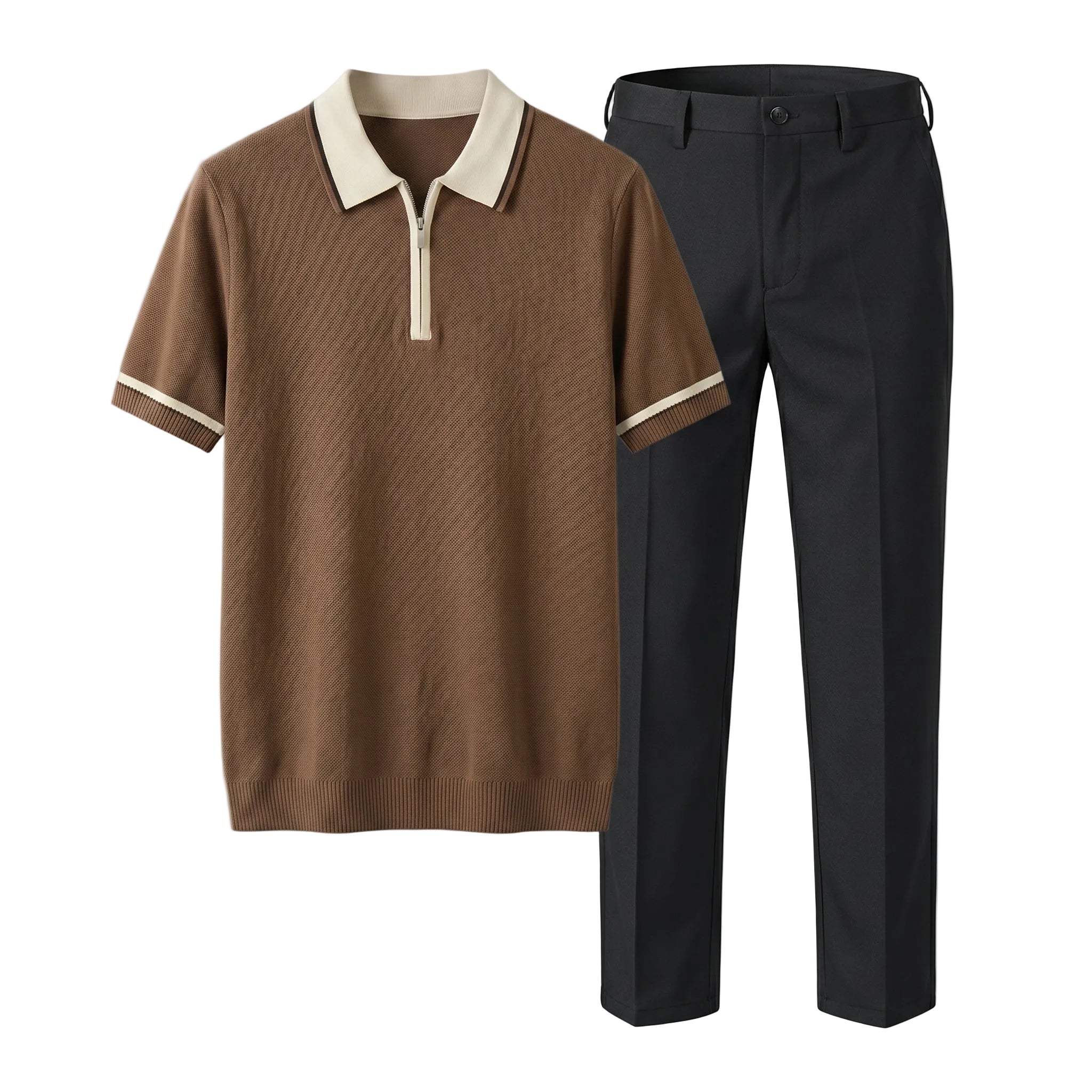 Brown polo shirt with white collar and trim next to black pants on a light gray background