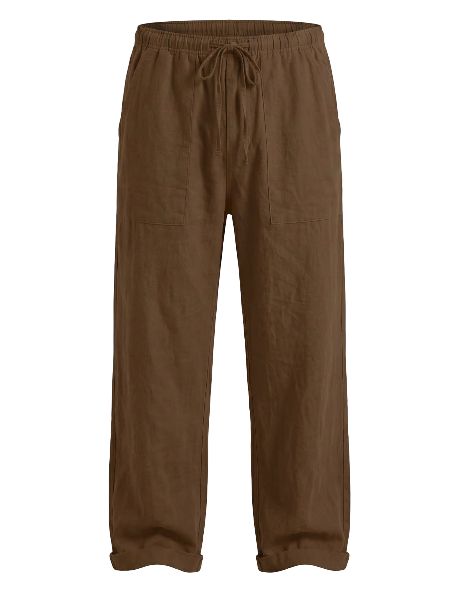 Brown relaxed-fit casual pants on a white background.