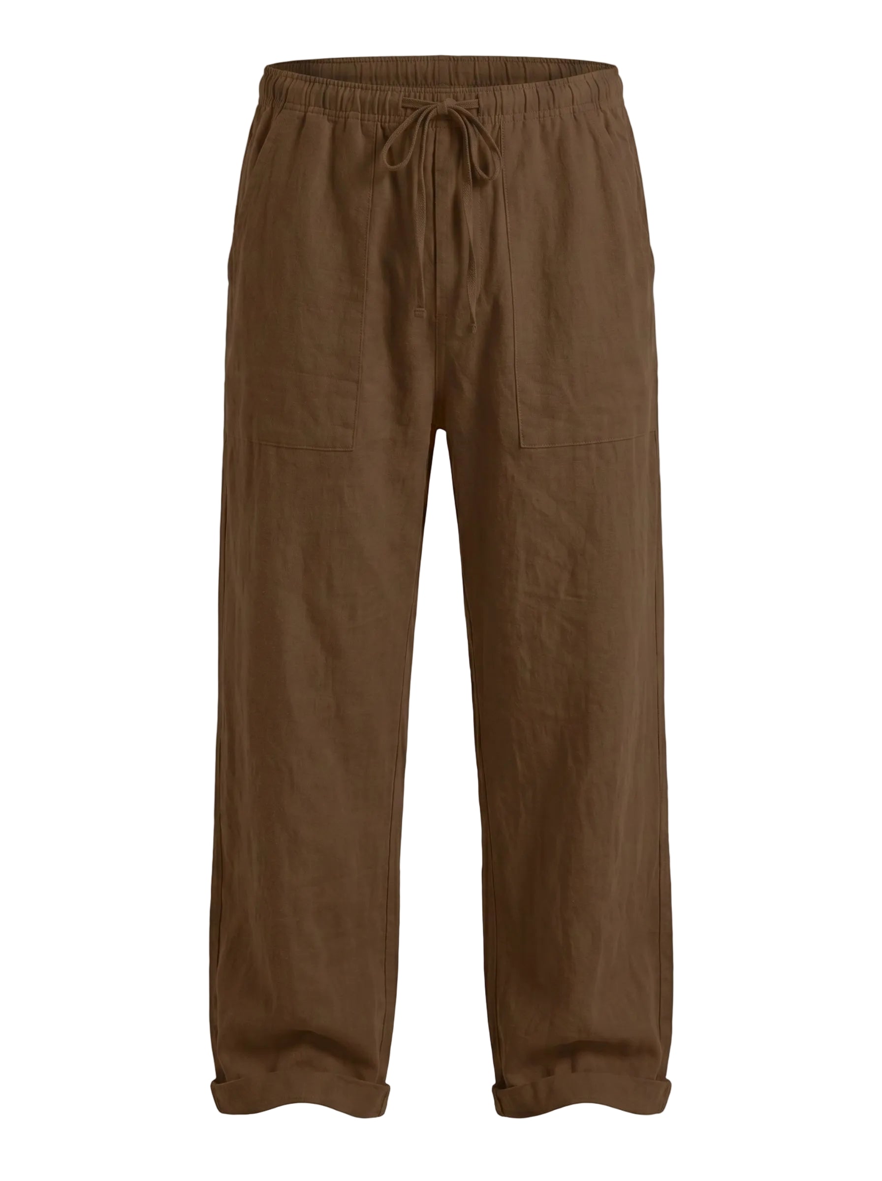 Brown relaxed-fit casual pants on a white background.