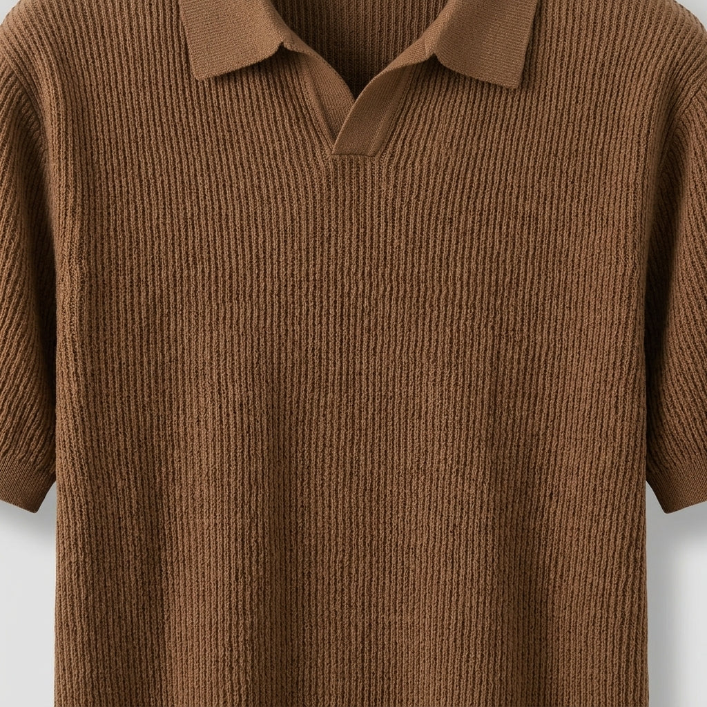 Brown ribbed polo shirt on a light gray background