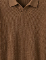 Brown ribbed polo shirt on a light gray background