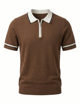 Brown short-sleeve shirt with white collar and trim on a white background