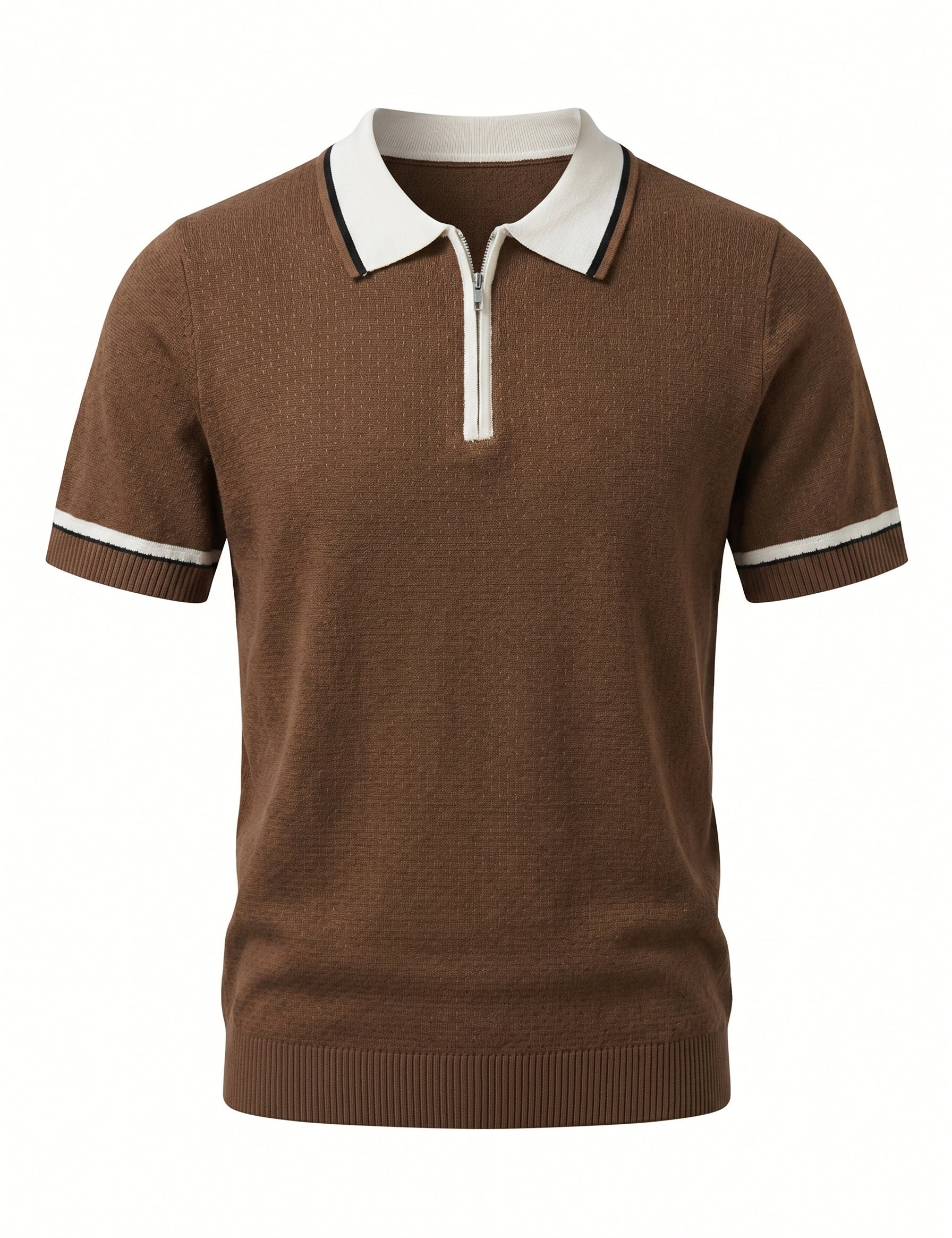 Brown short-sleeve shirt with white collar and trim on a white background