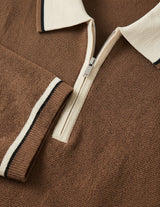 Brown sweater with a zipper and white collar