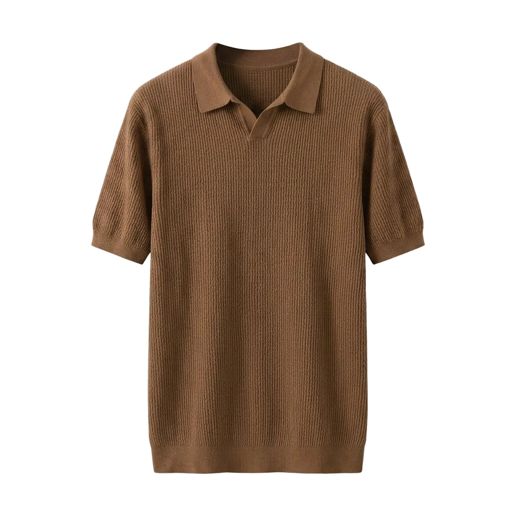 Brown textured polo shirt on a light gray background