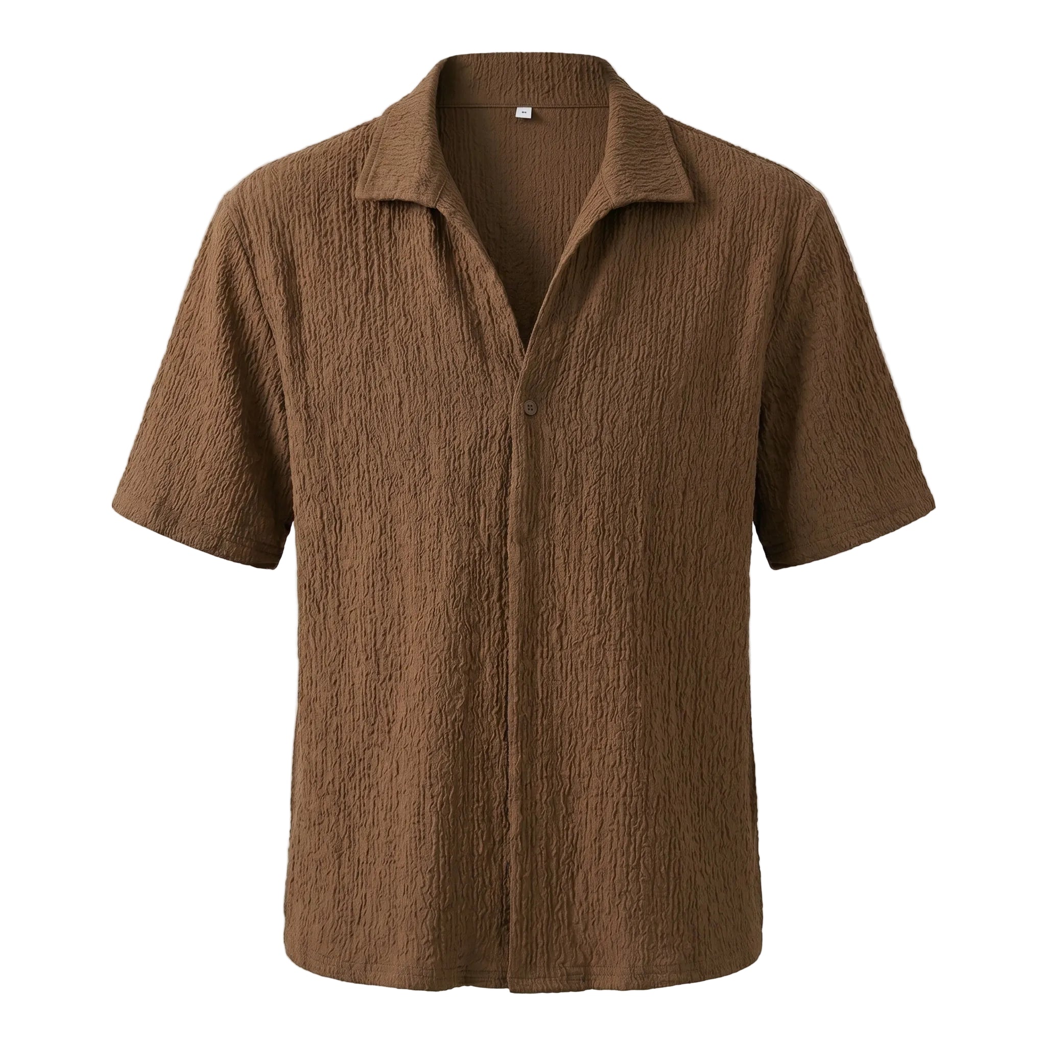 Brown textured short-sleeve collared shirt on a white background.