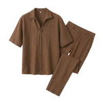 Brown textured short-sleeve shirt with matching straight-leg pants on a white background.