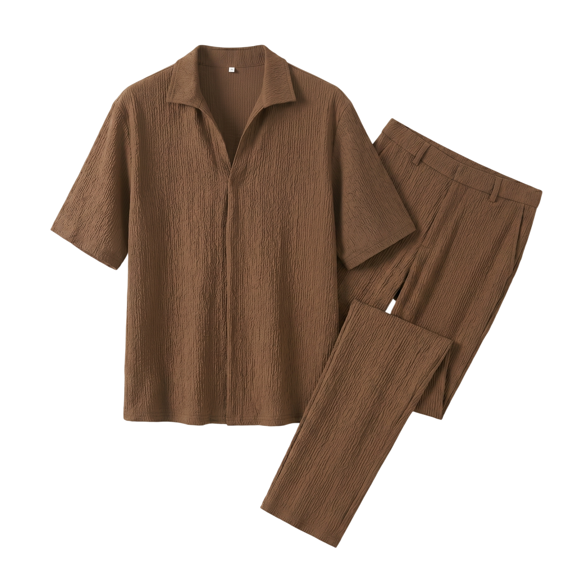 Brown textured short-sleeve shirt with matching straight-leg pants on a white background.