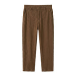 Brown textured straight-leg pants on a white background.