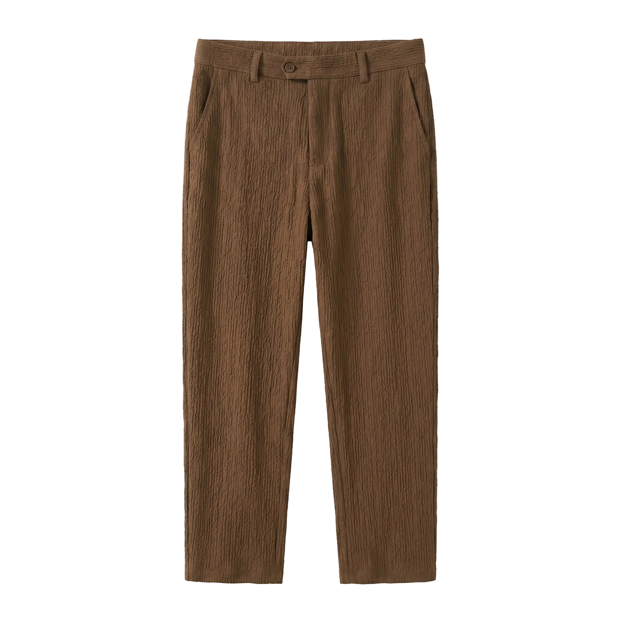 Brown textured straight-leg pants on a white background.
