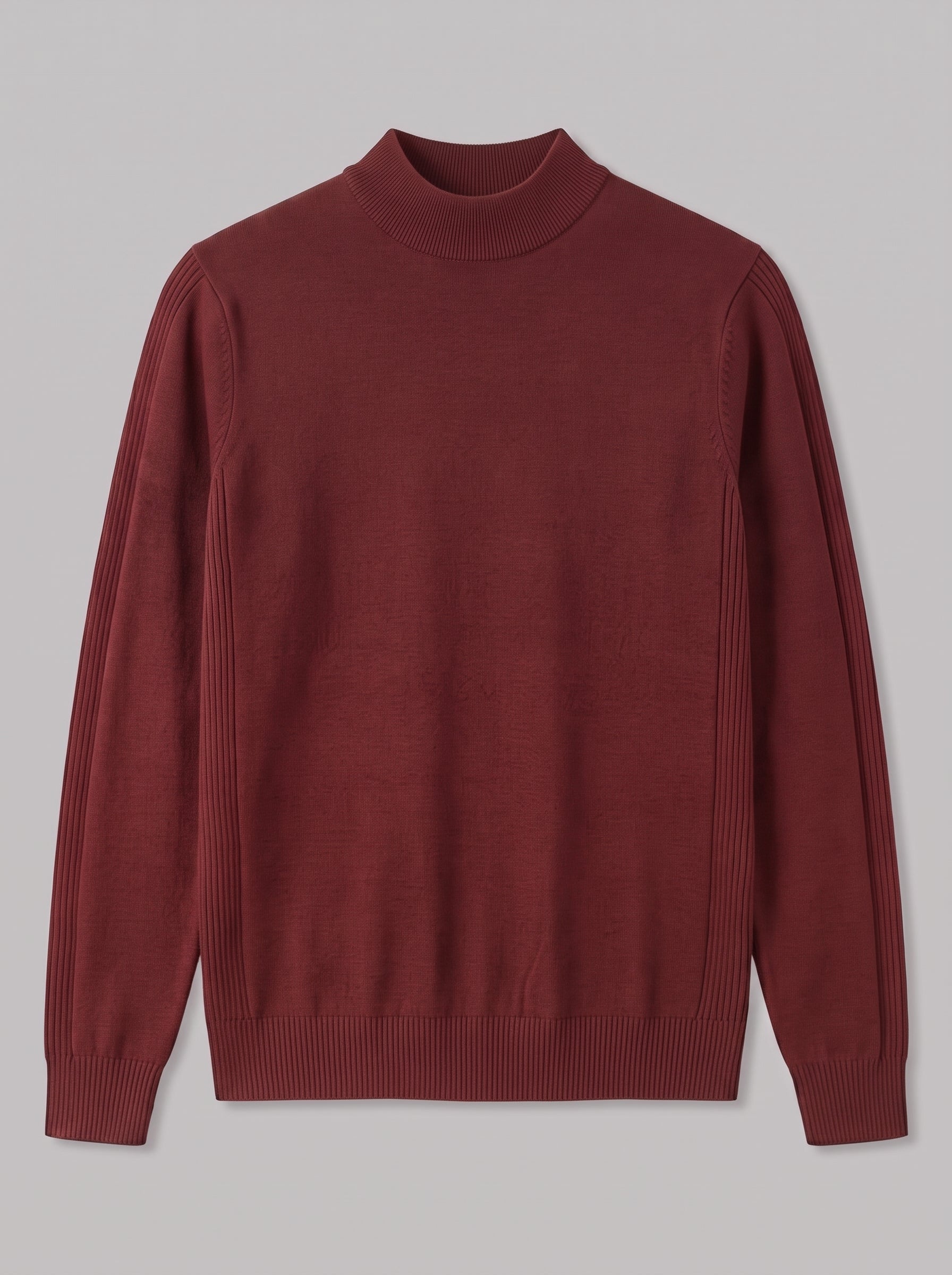 A long-sleeve knit sweater in a deep burgundy red, featuring a mock neck, ribbed collar, cuffs, and hem, displayed on a neutral gray background.